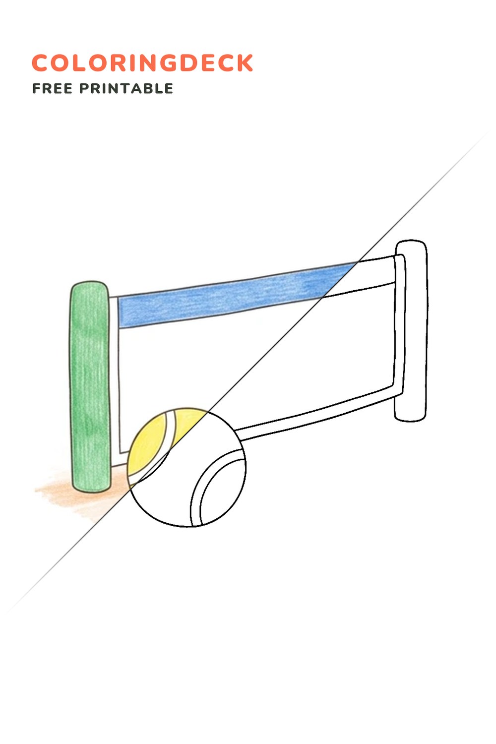 Simple Tennis Net coloring page, free printable: half colored, half outline