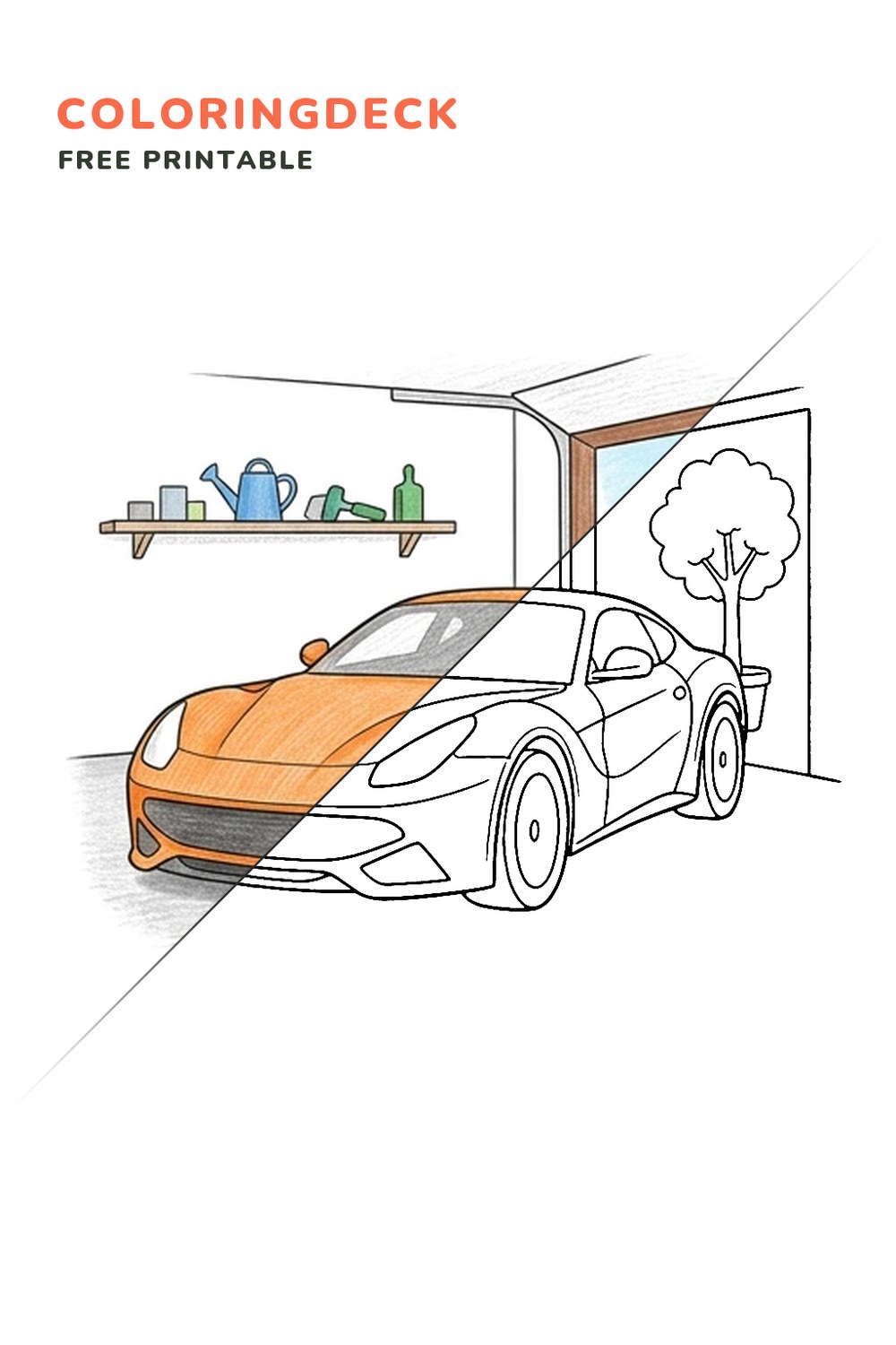 Orange Garage Display coloring page, free printable: half colored, half outline