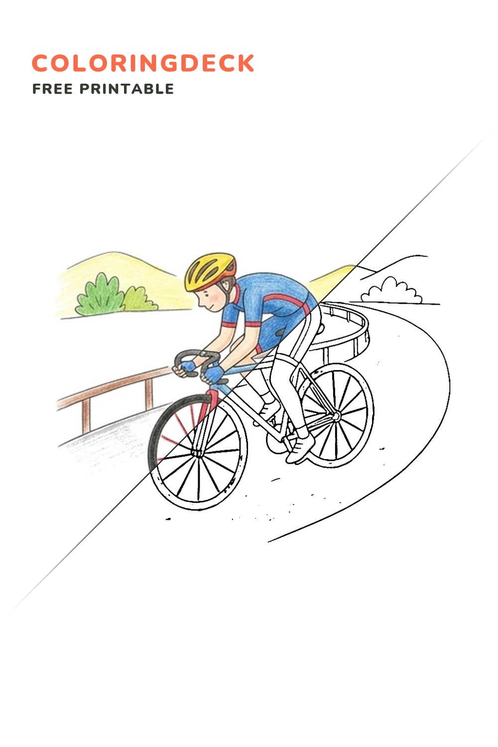 Cyclist Road Sprint coloring page, free printable: half colored, half outline