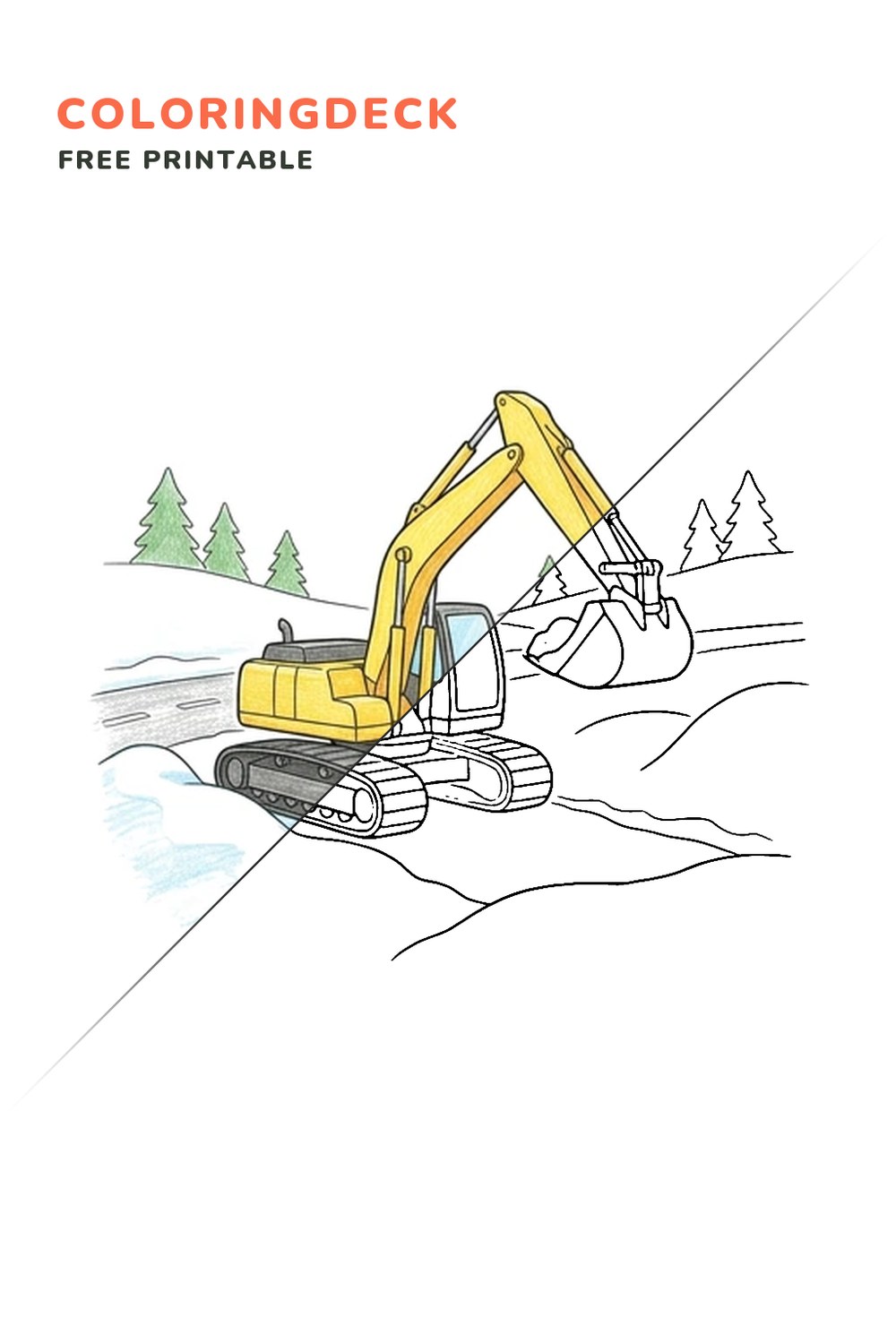 Excavator Snow Clearing coloring page, free printable: half colored, half outline