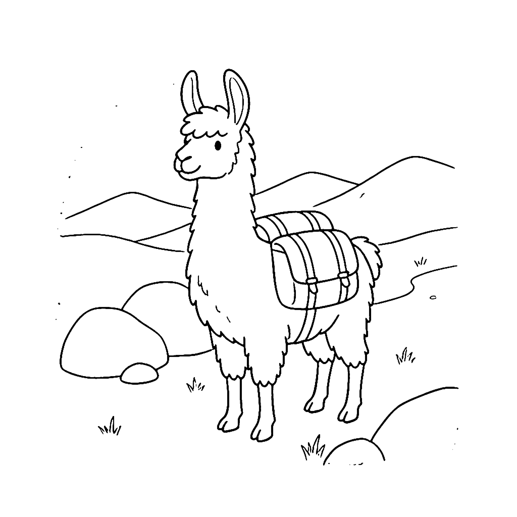 Llama Mountain Pack coloring page outline
