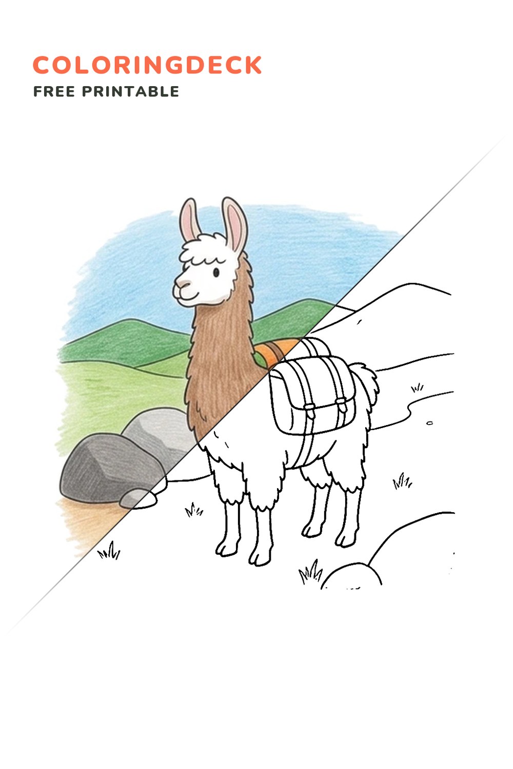 Llama Mountain Pack coloring page, free printable: half colored, half outline