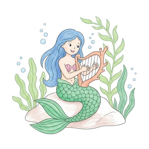 Mermaid coloring page: Mermaid Coral Concert, colored example