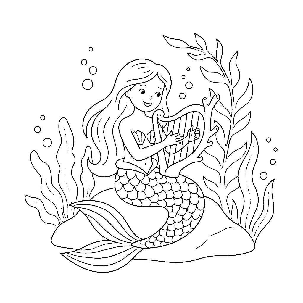 Mermaid coloring page: Mermaid Coral Concert, outline to print