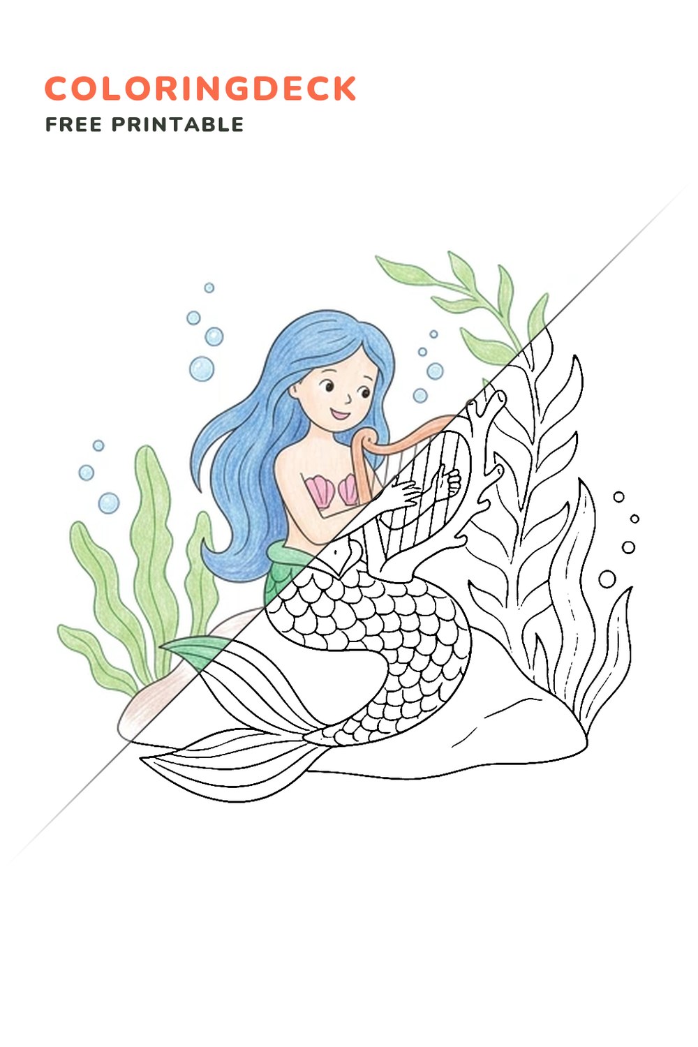 Mermaid Coral Concert coloring page, free printable: half colored, half outline