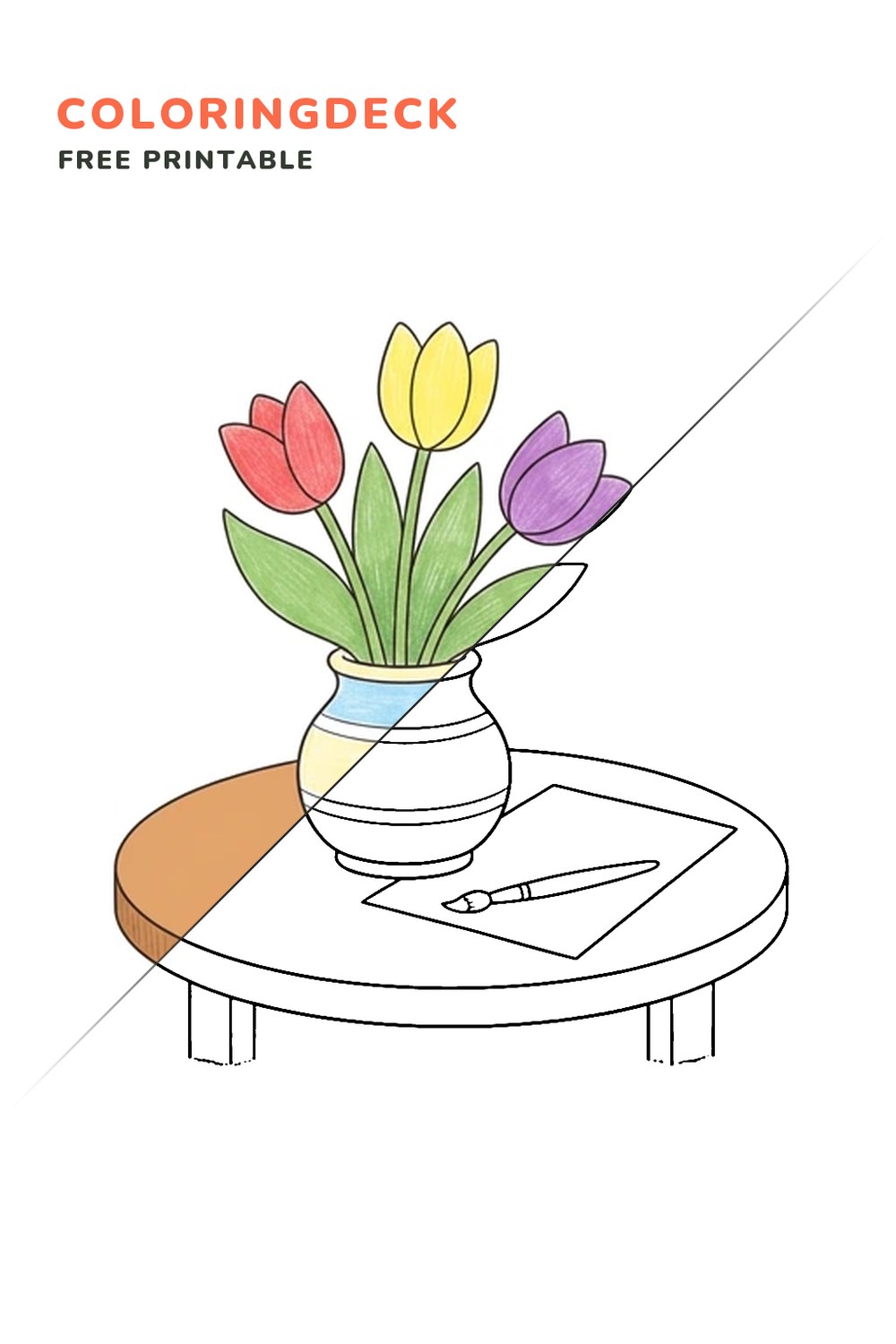 Painted Flower Still Life coloring page, free printable: half colored, half outline
