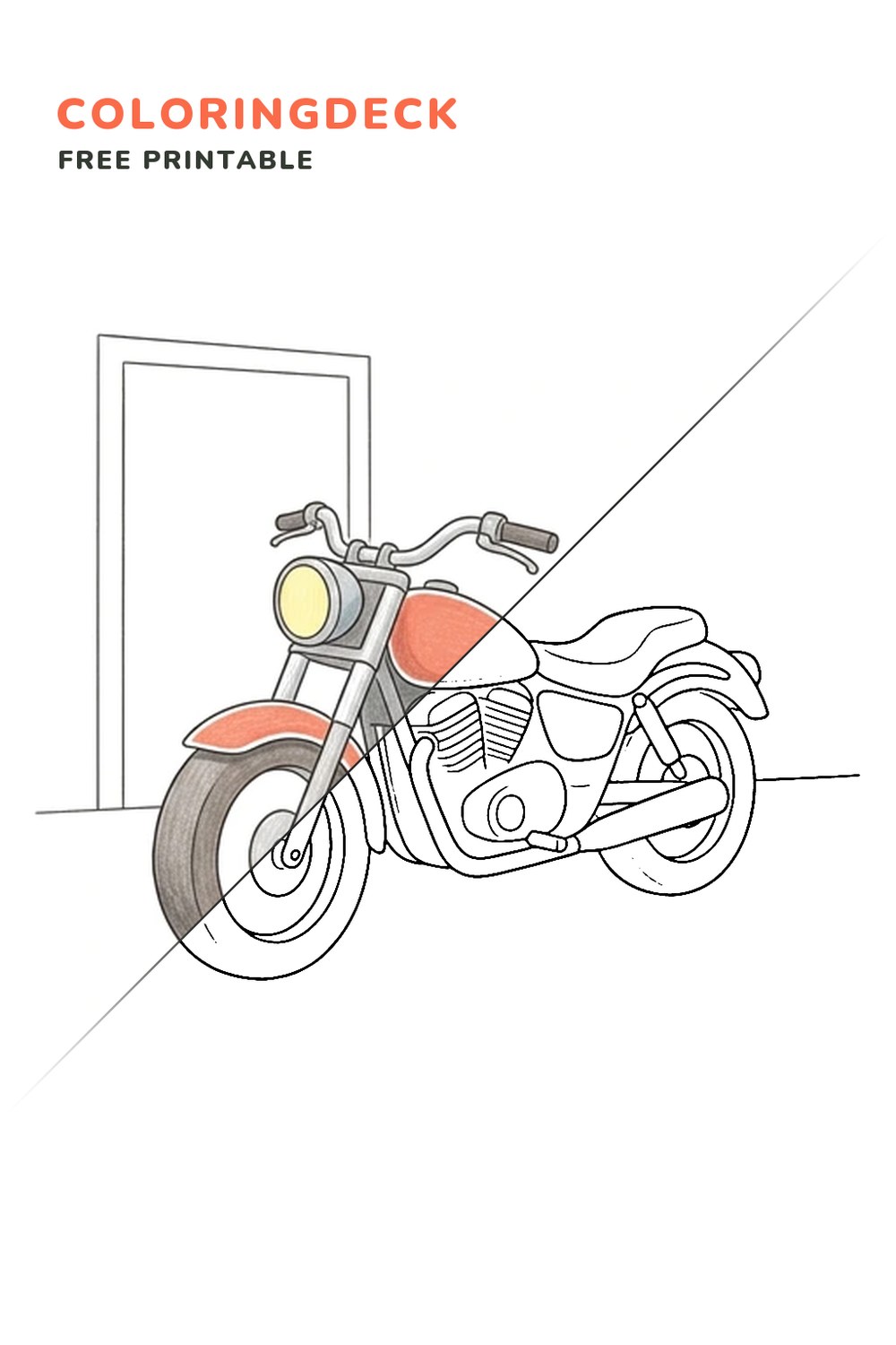 Motorcycle Garage Rest coloring page, free printable: half colored, half outline