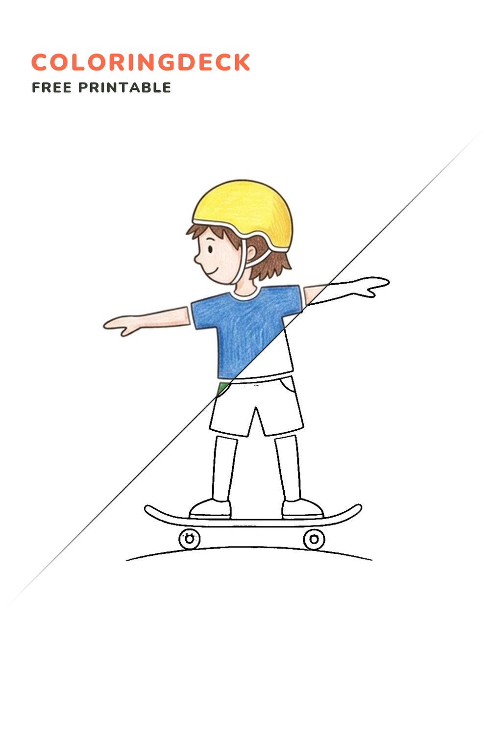 Skateboarder Balancing coloring page, free printable: half colored, half outline