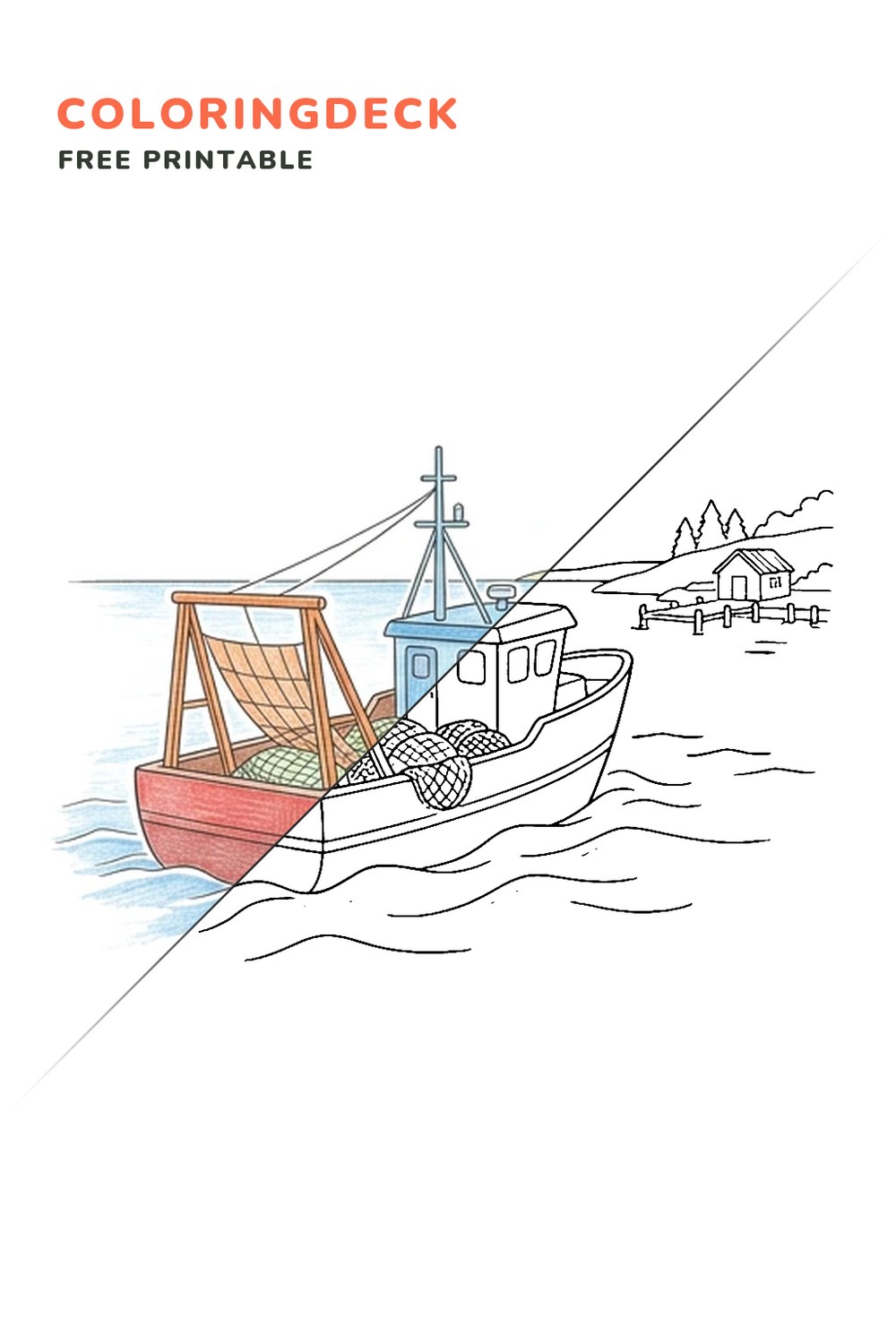 Fishing Trawler Return coloring page, free printable: half colored, half outline