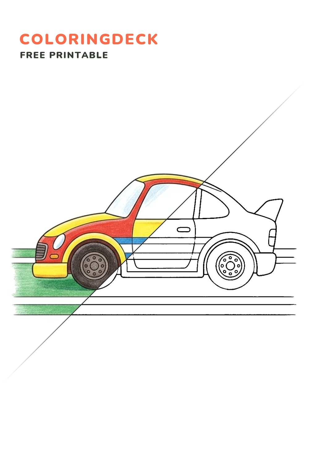 Racing Car Straightaway coloring page, free printable: half colored, half outline