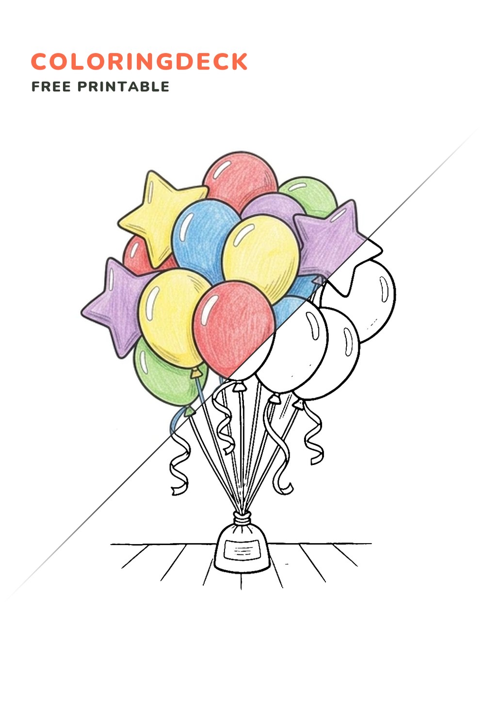 Balloon Bouquet coloring page, free printable: half colored, half outline