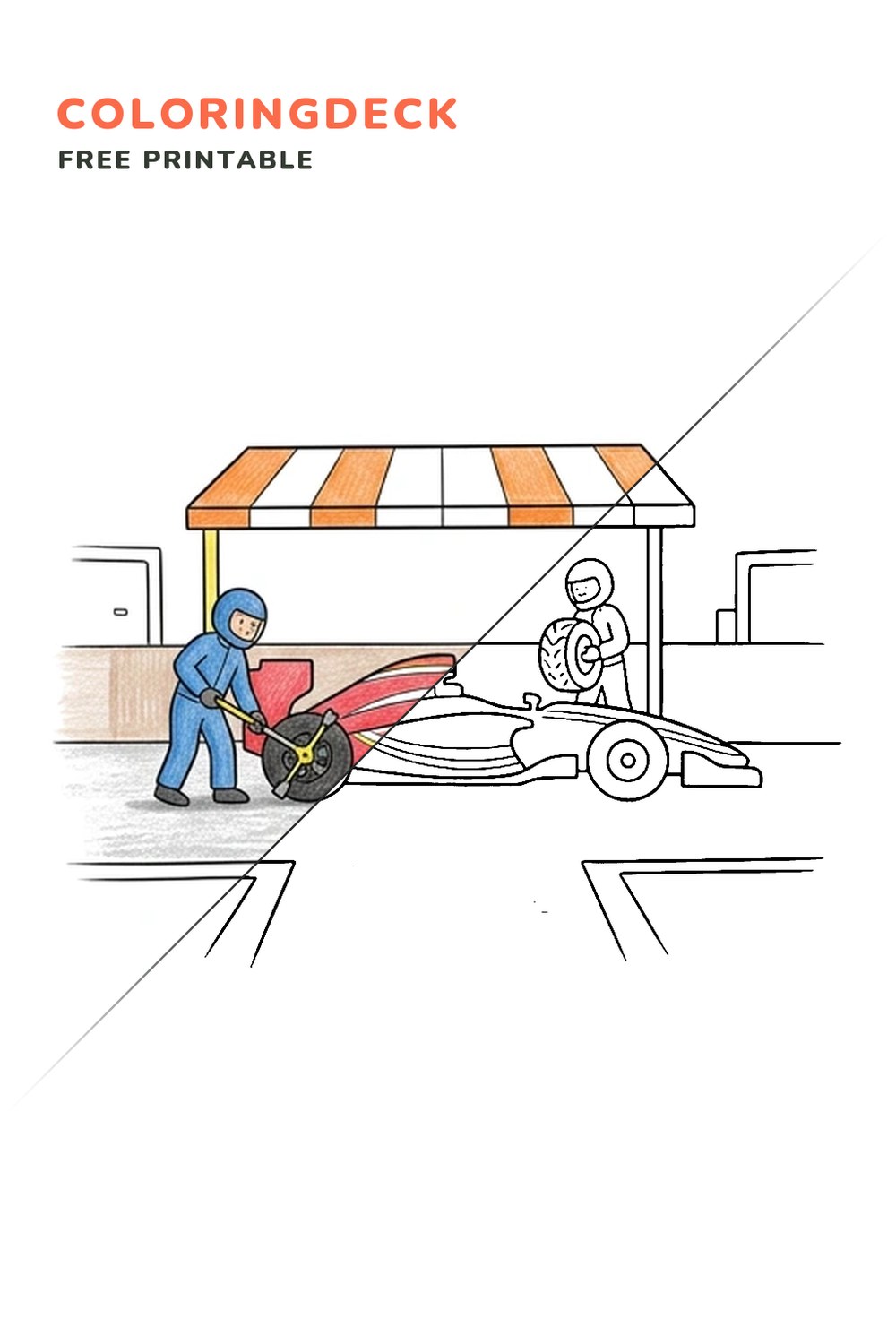 Pit Stop Service coloring page, free printable: half colored, half outline