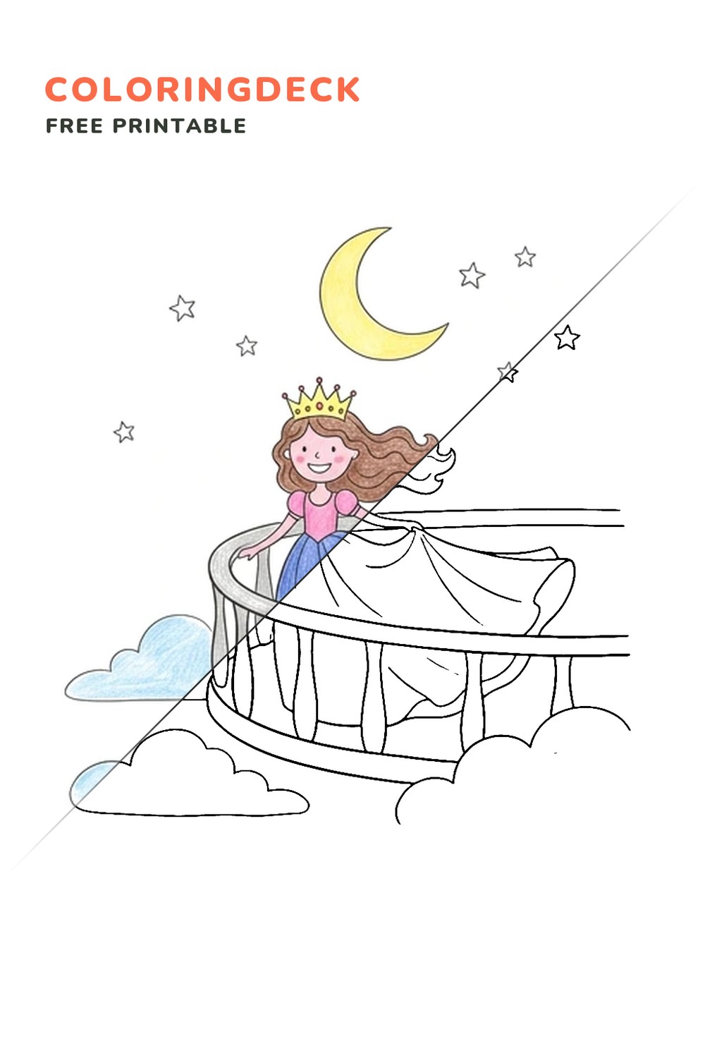 Princess Moonlit Balcony coloring page, free printable: half colored, half outline