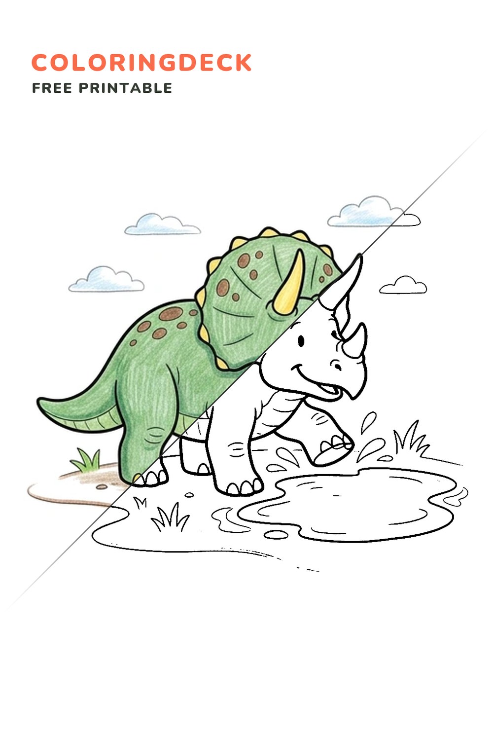 Triceratops Mud Puddle coloring page, free printable: half colored, half outline