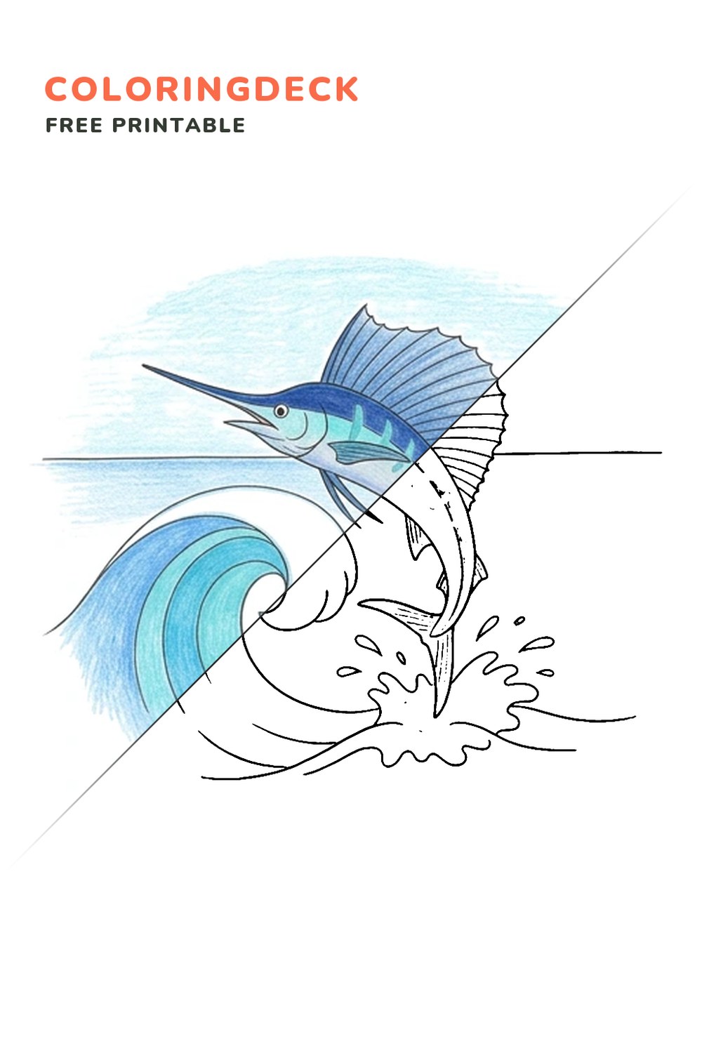 Sailfish Wave Dash coloring page, free printable: half colored, half outline
