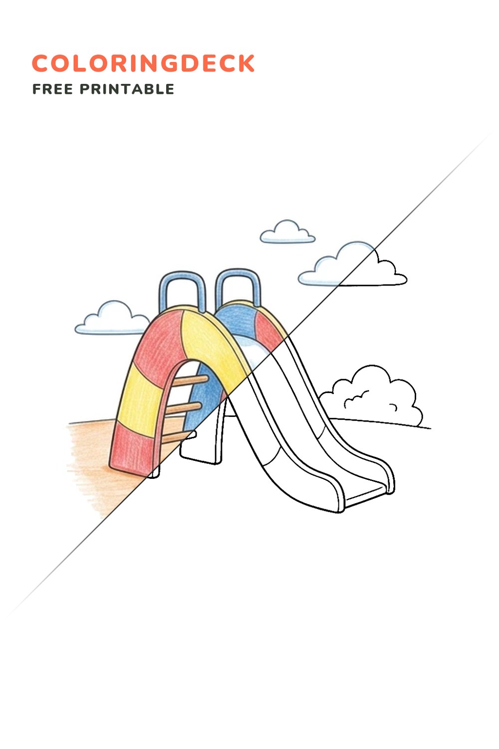 Curved Playground Slide coloring page, free printable: half colored, half outline