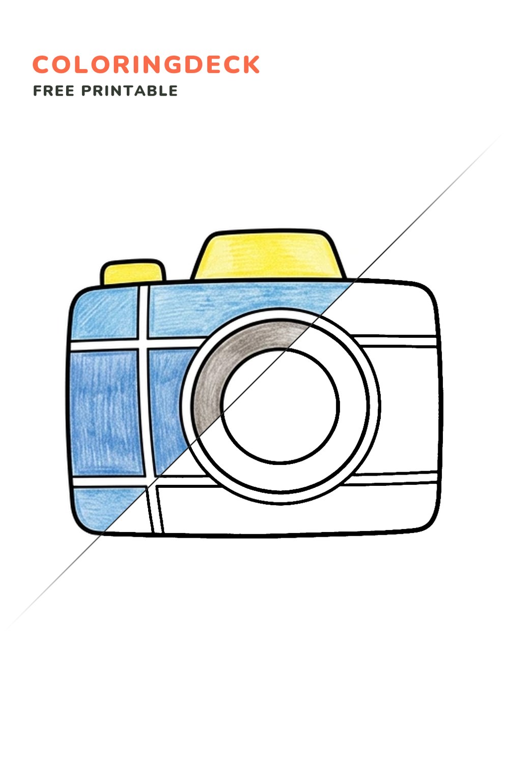 Simple Camera coloring page, free printable: half colored, half outline