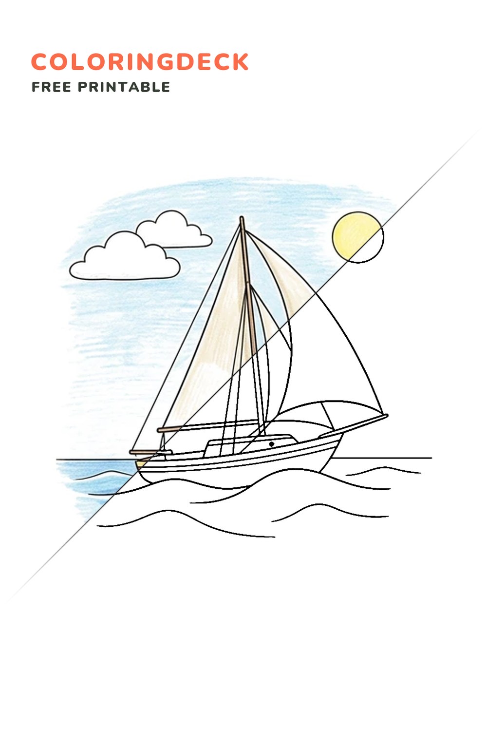Sailing Ocean Breeze coloring page, free printable: half colored, half outline
