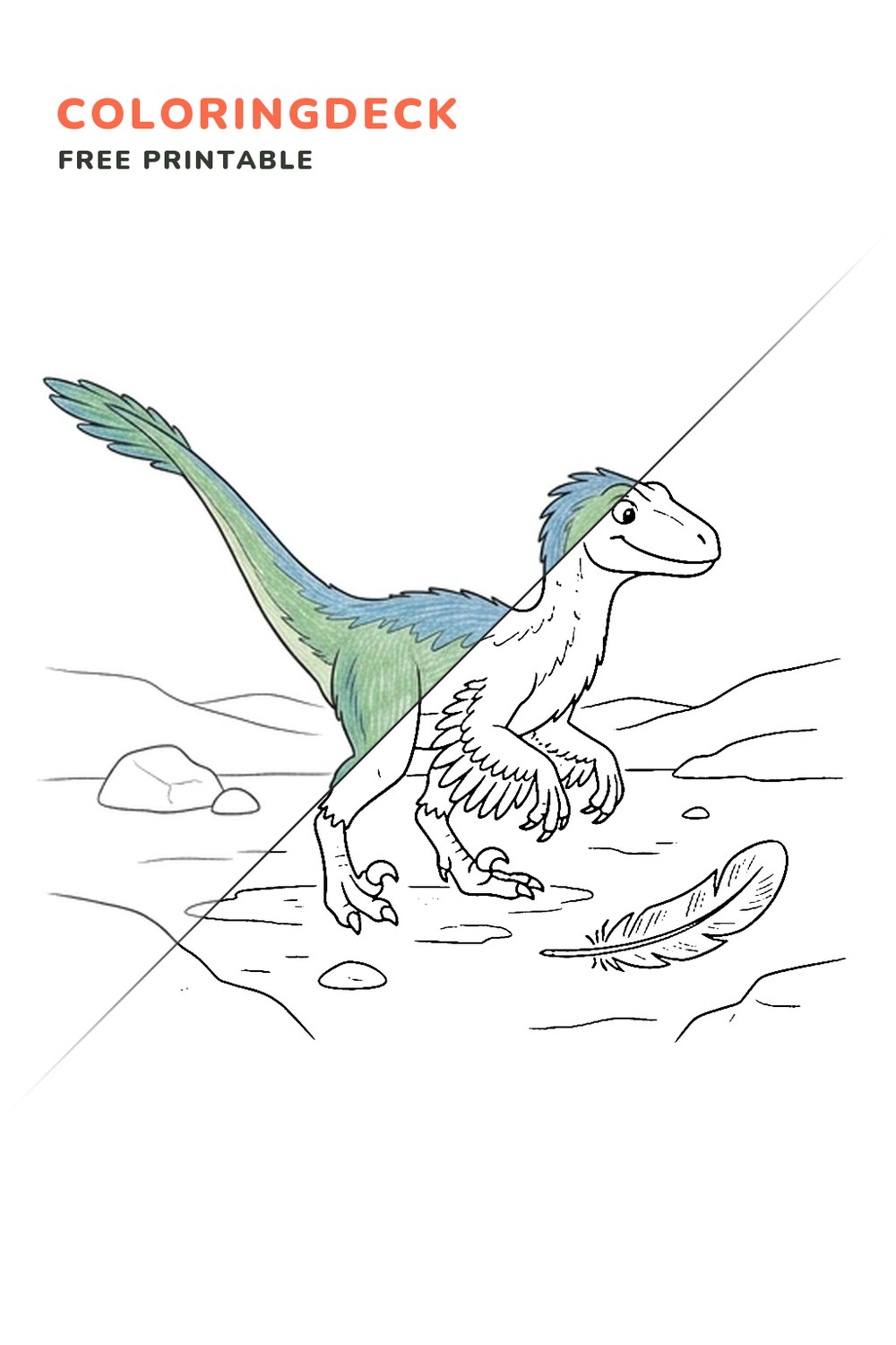 Velociraptor Feather Find coloring page, free printable: half colored, half outline