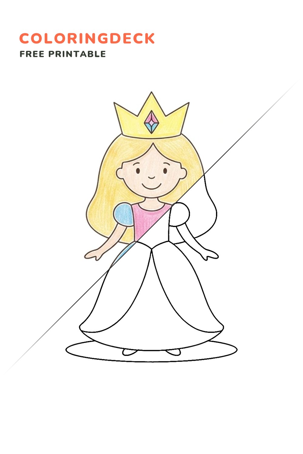 Princess With Crown coloring page, free printable: half colored, half outline