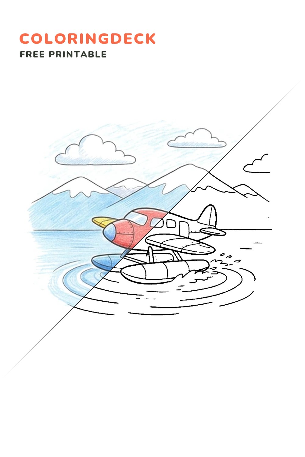 Seaplane Lake Landing coloring page, free printable: half colored, half outline