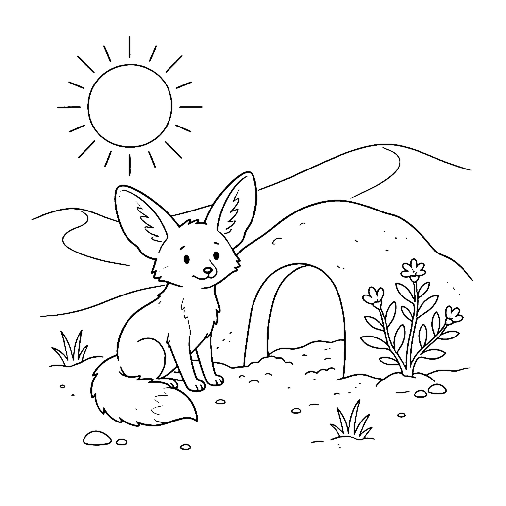 Fennec Fox coloring page: Fennec Fox Burrow, outline to print