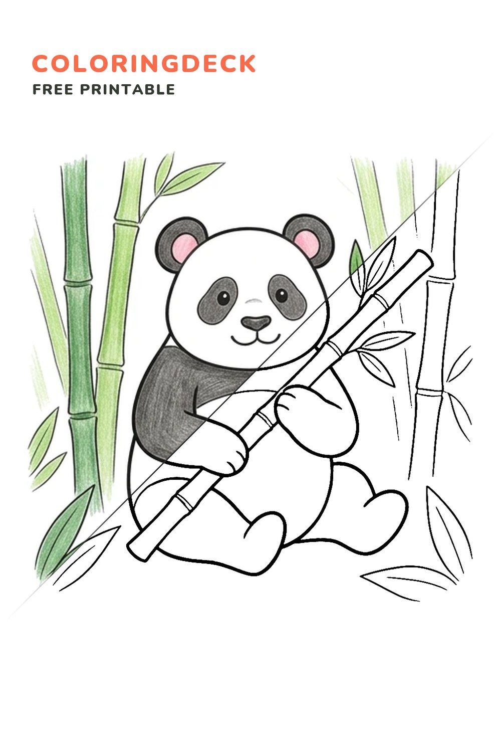 Panda Bamboo Snack coloring page, free printable: half colored, half outline