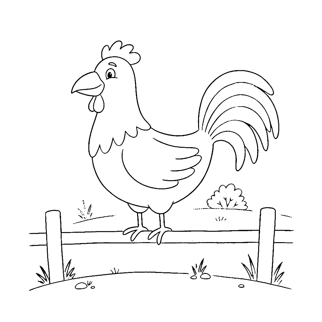Rooster coloring page: Rooster On Fence, outline to print