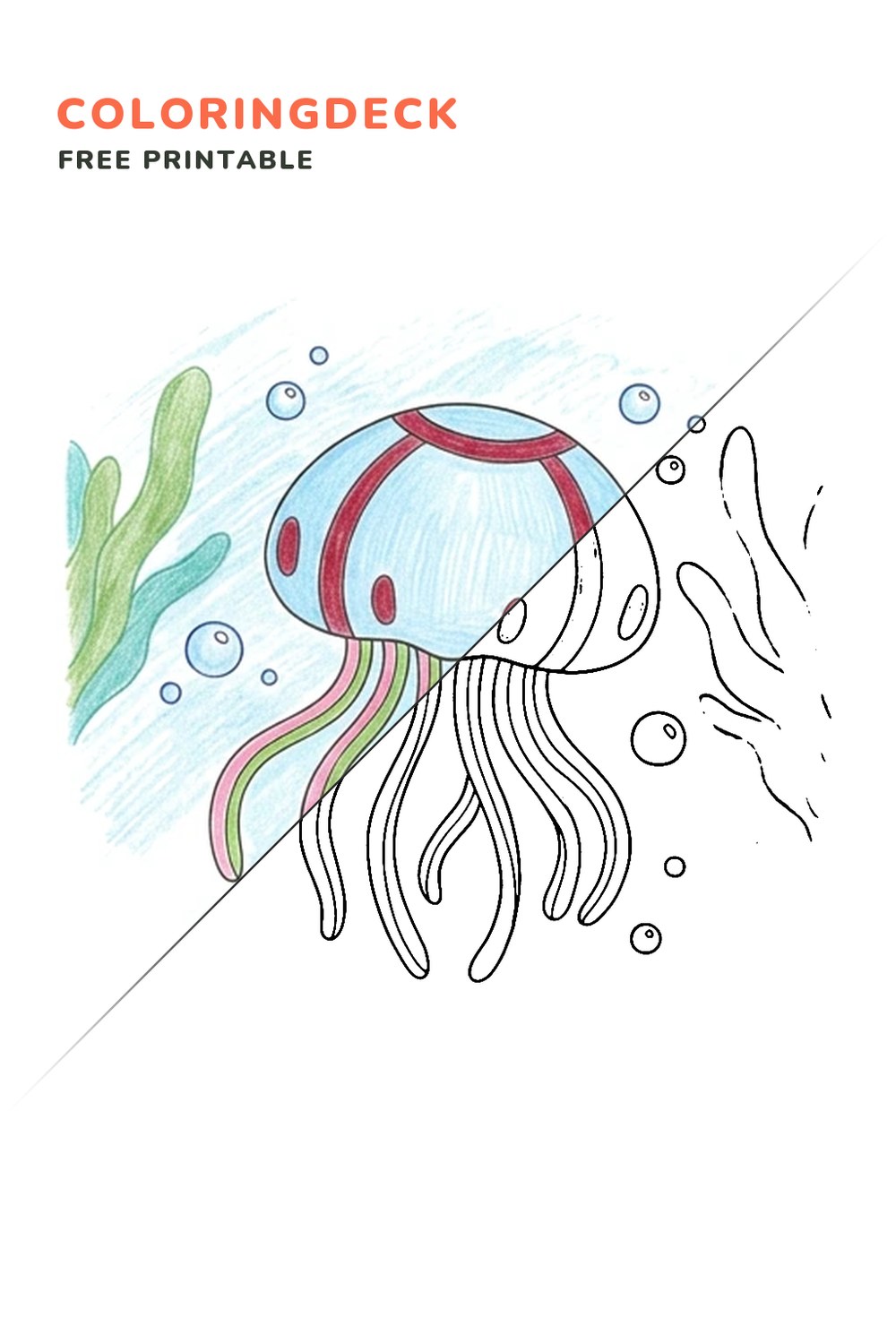 Jellyfish Drift coloring page, free printable: half colored, half outline