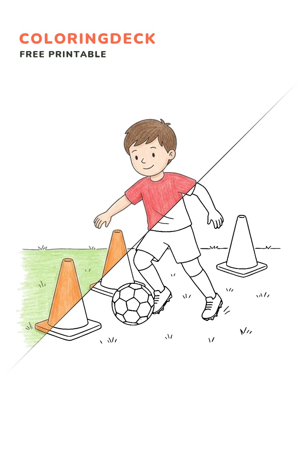 Soccer Dribble Course coloring page, free printable: half colored, half outline