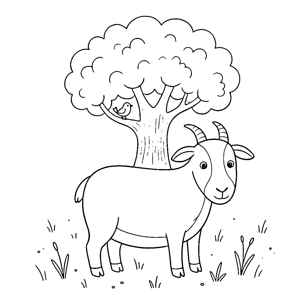 Goat coloring page: Goat Under Tree, outline to print