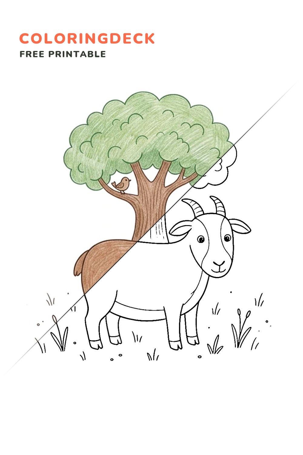 Goat Under Tree coloring page, free printable: half colored, half outline