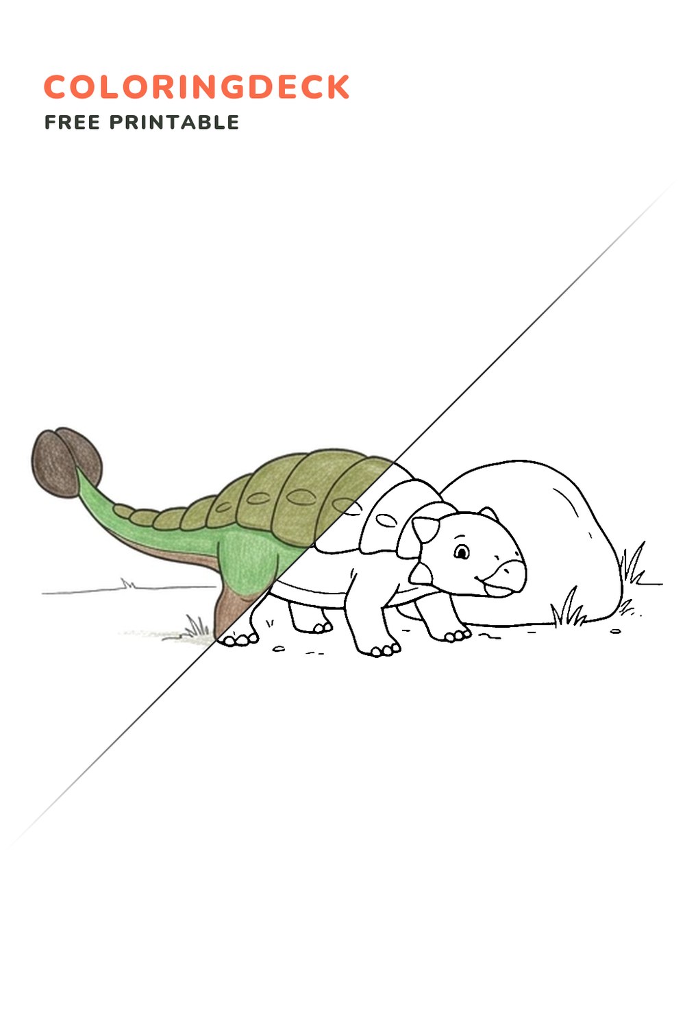 Ankylosaurus Rock Rest coloring page, free printable: half colored, half outline