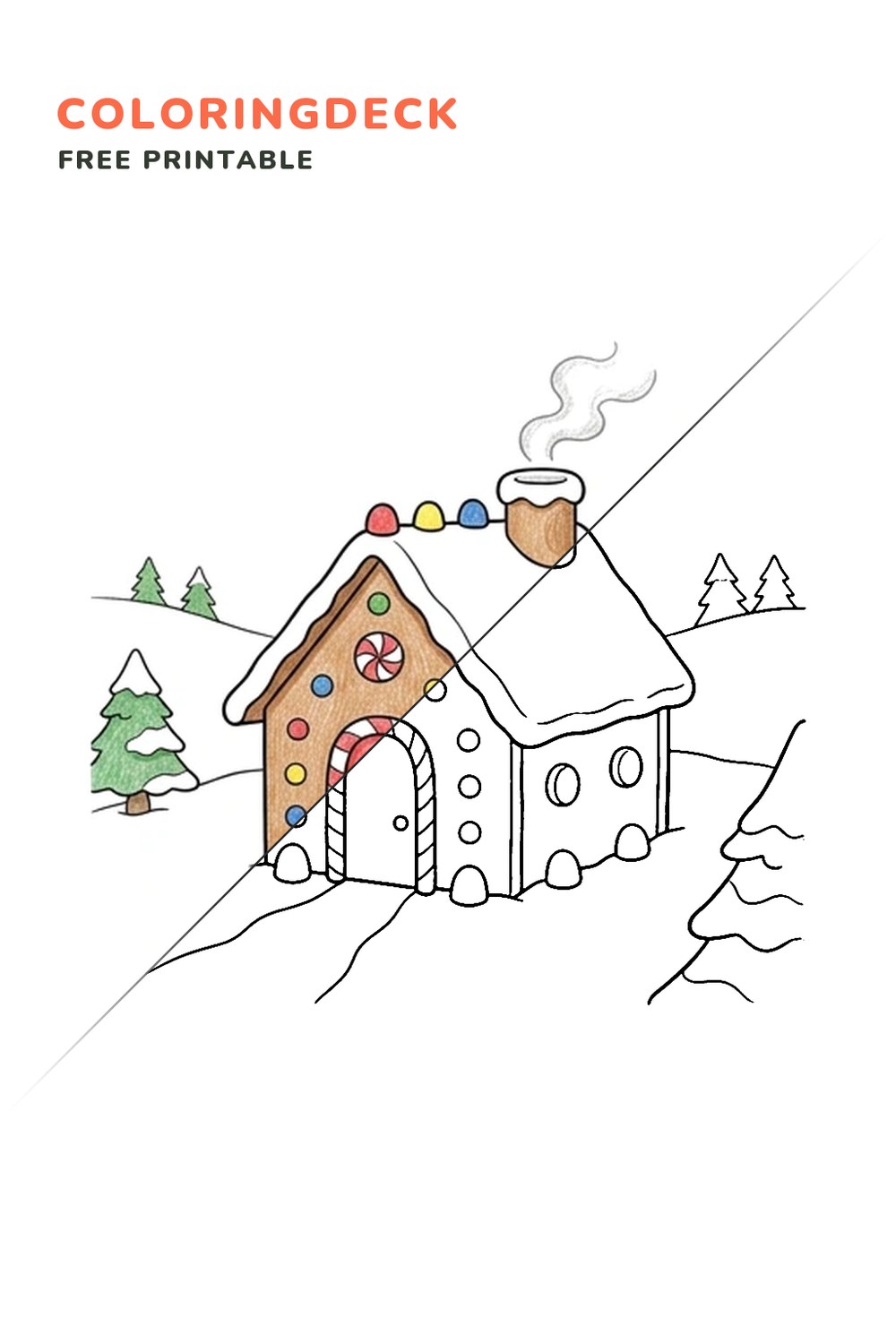 Gingerbread Cottage coloring page, free printable: half colored, half outline