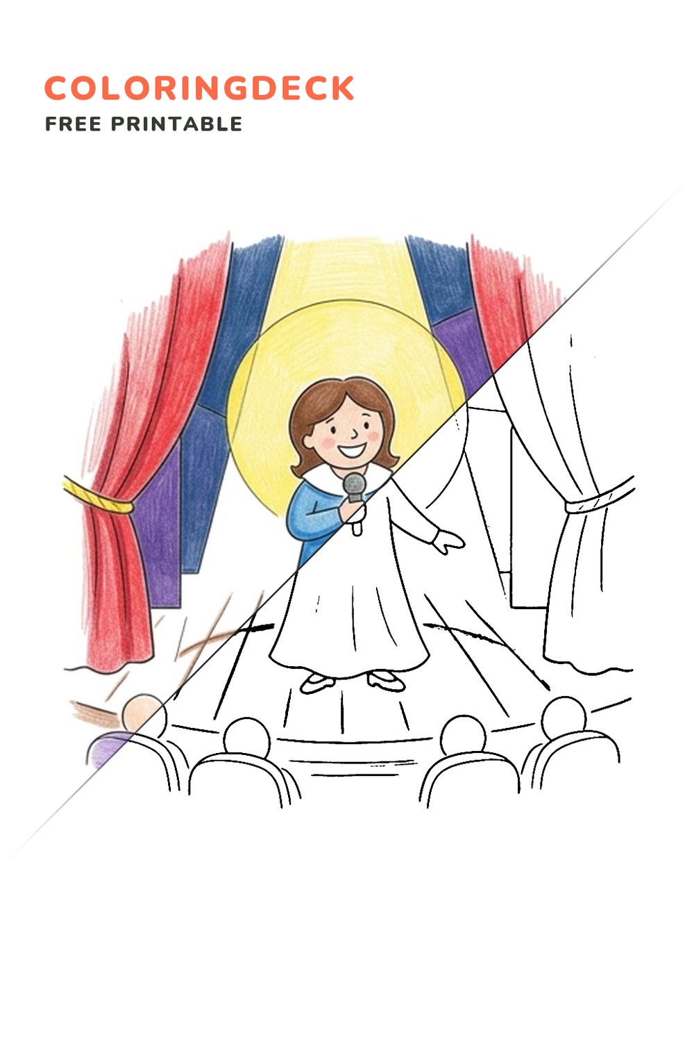 Opera Stage Singer coloring page, free printable: half colored, half outline