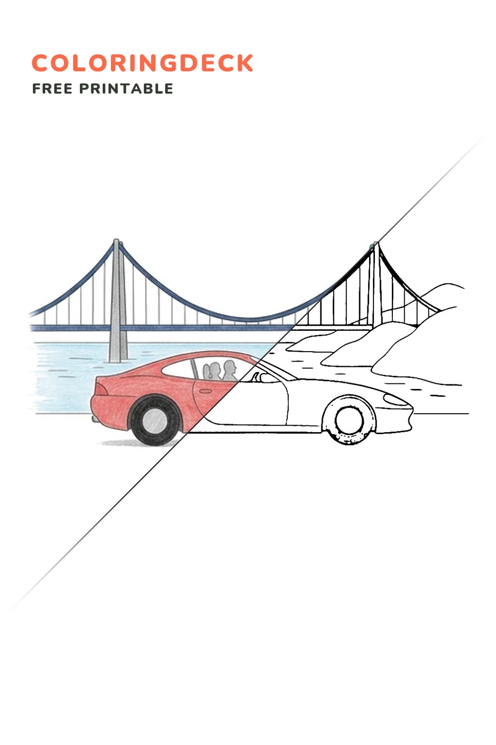 Ferrari Bridge Crossing coloring page, free printable: half colored, half outline