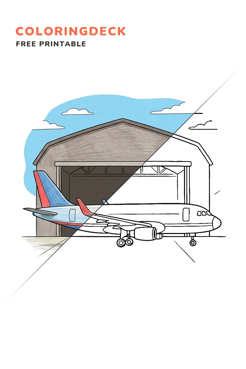Jet At Hangar coloring page, free printable: half colored, half outline