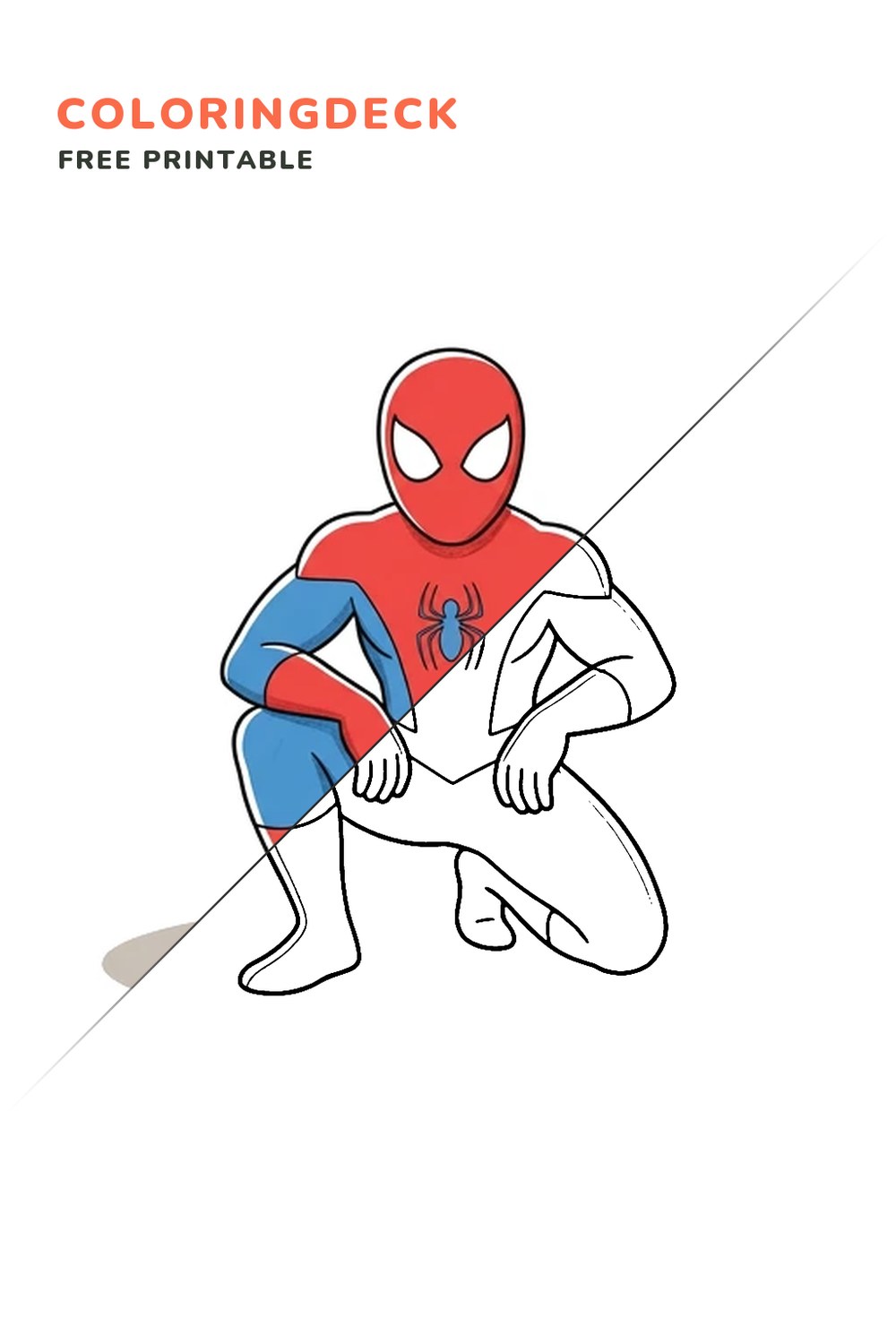 Spider Hero Crouch coloring page, free printable: half colored, half outline