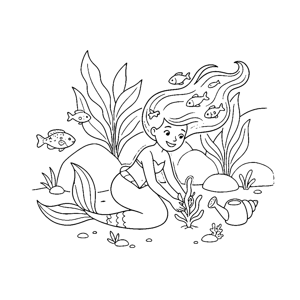 Mermaid coloring page: Mermaid Kelp Garden, outline to print