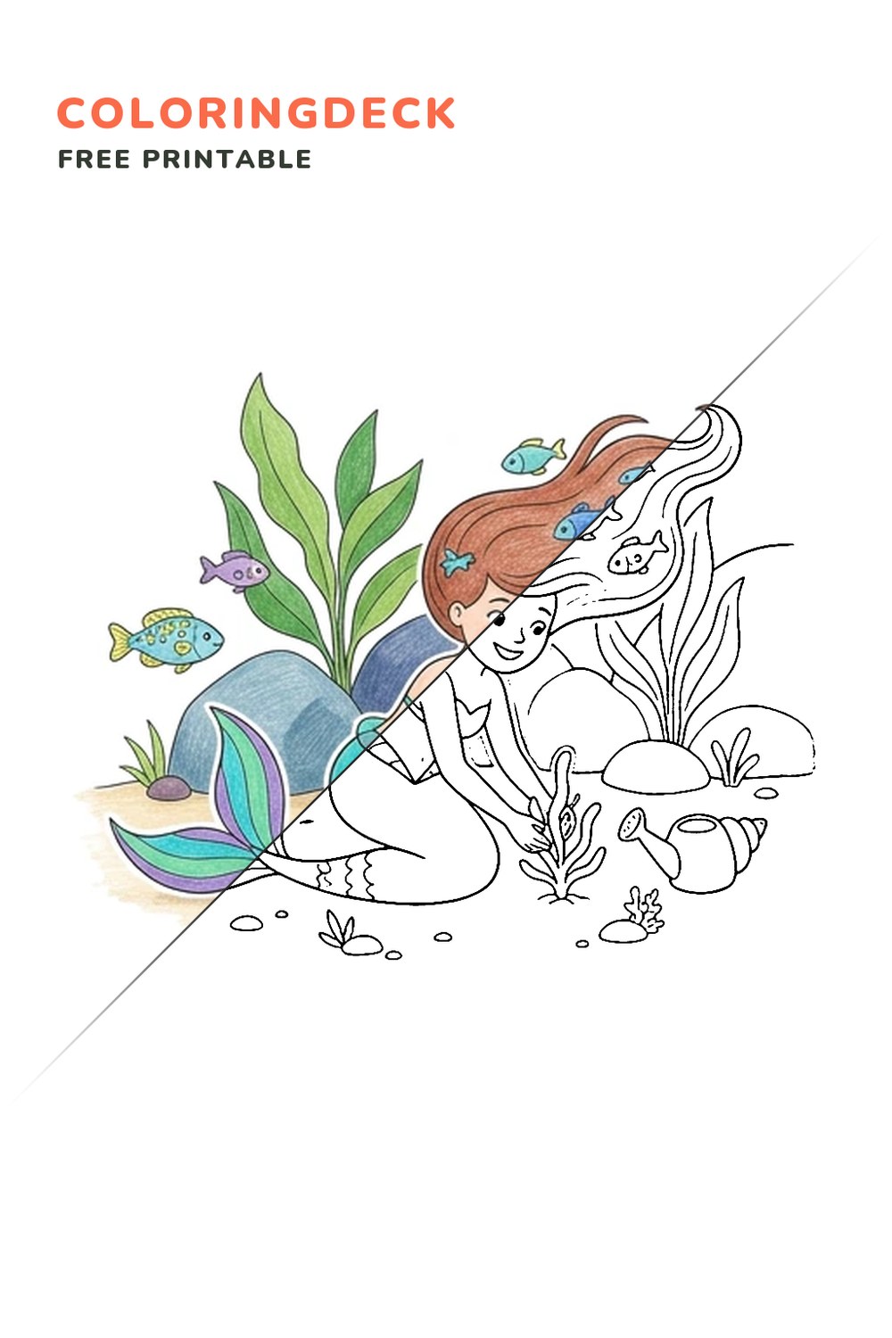 Mermaid Kelp Garden coloring page, free printable: half colored, half outline