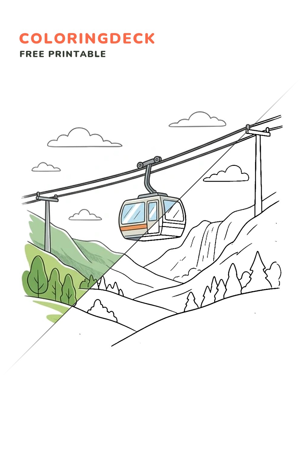 Cable Car Valley Ride coloring page, free printable: half colored, half outline