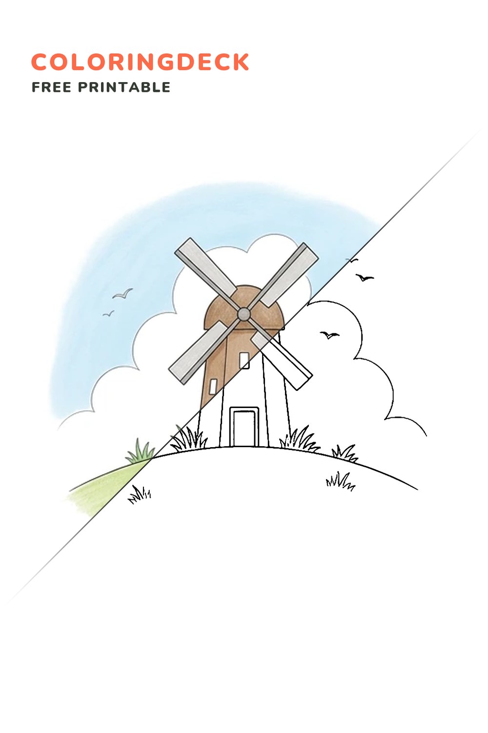 Windmill Hill coloring page, free printable: half colored, half outline