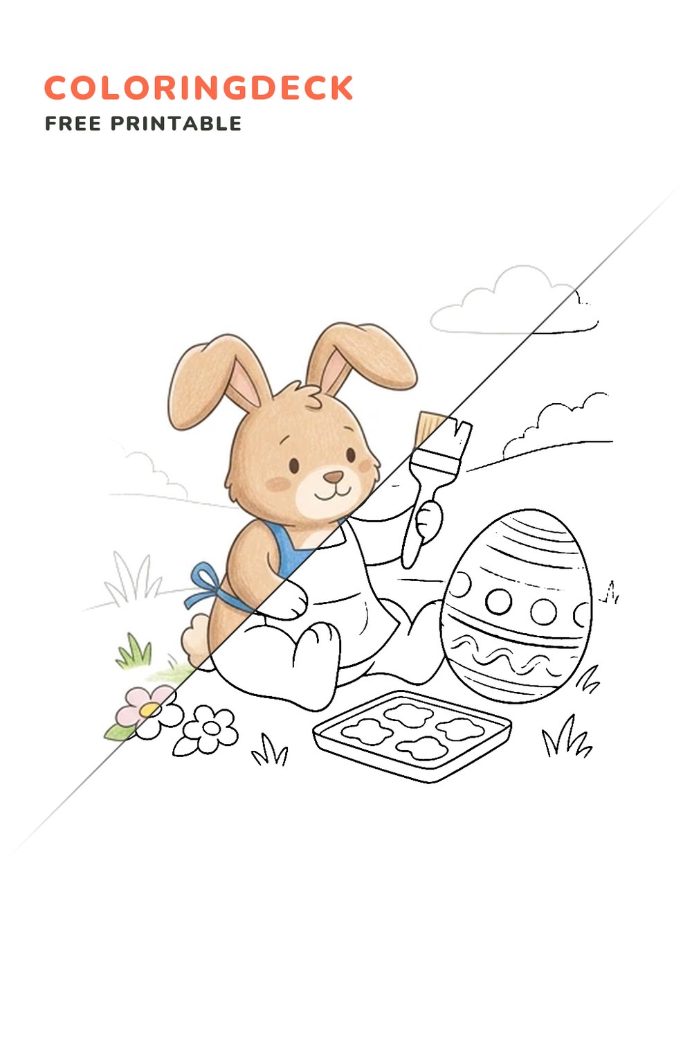 Bunny Egg Painting coloring page, free printable: half colored, half outline