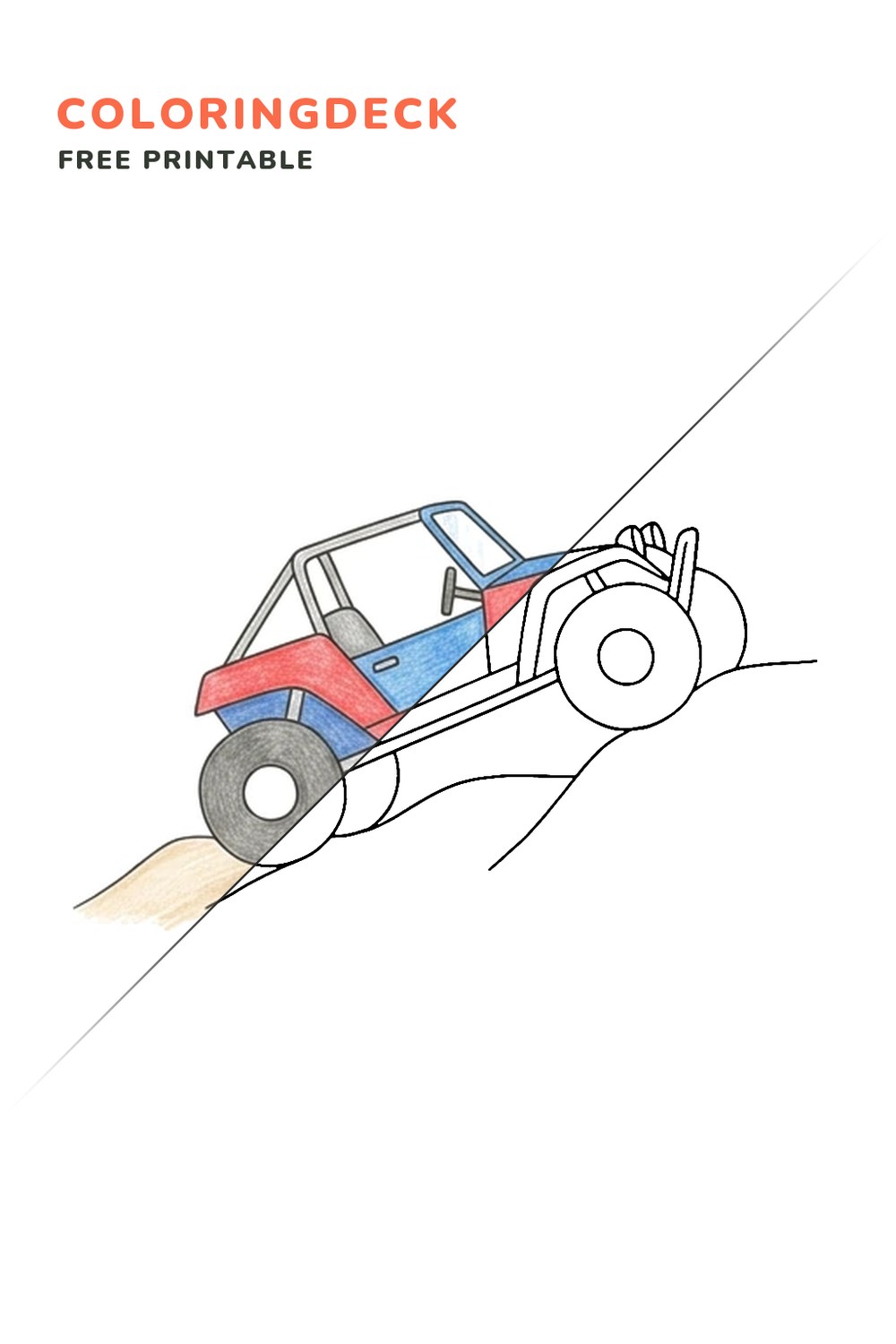 Buggy Sand Ridge coloring page, free printable: half colored, half outline