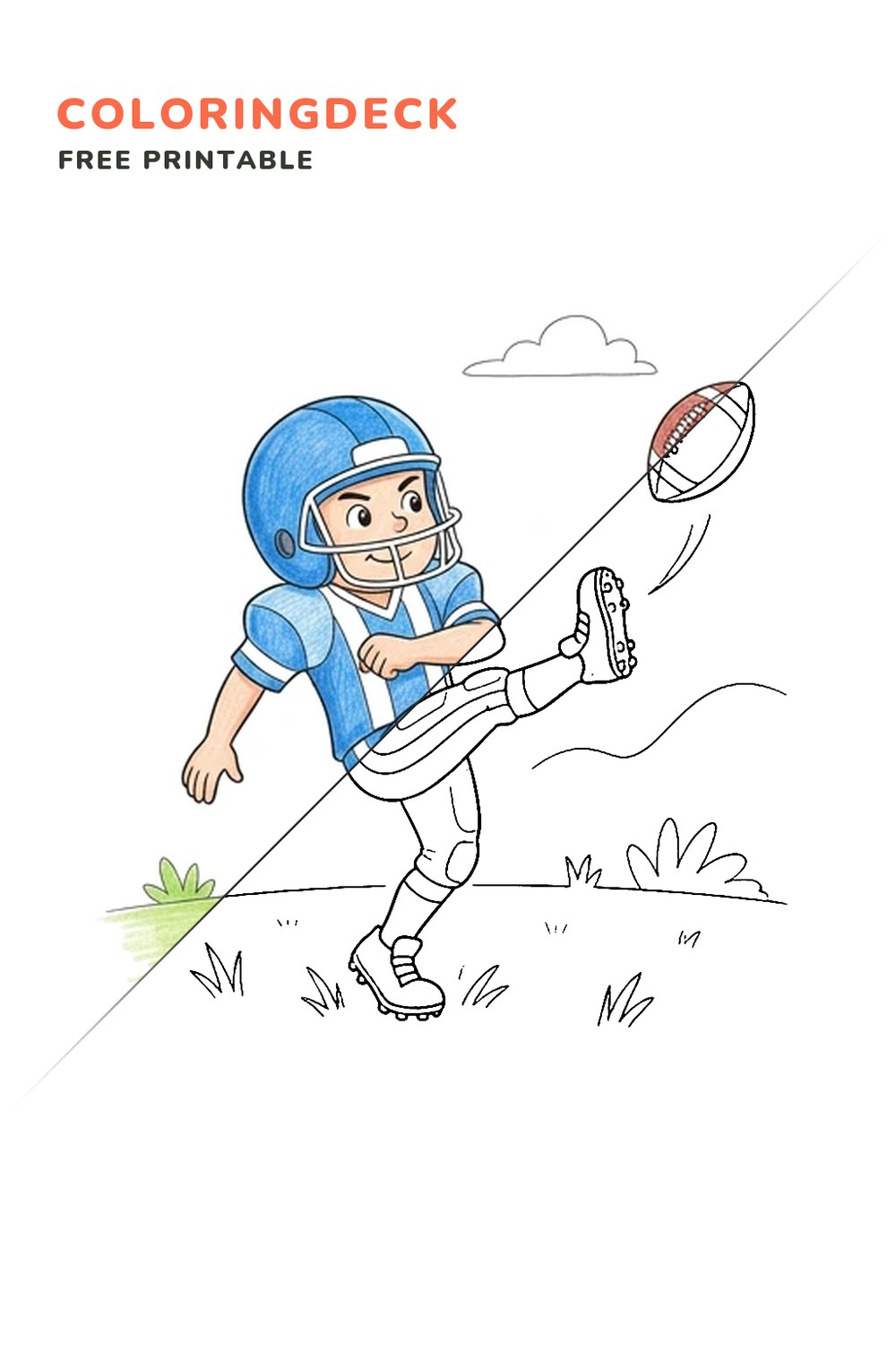 Football Punt coloring page, free printable: half colored, half outline