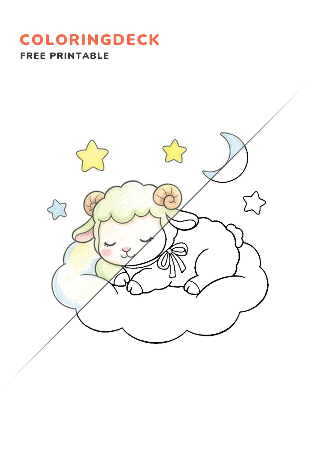 Lamb Cloud Nap coloring page, free printable: half colored, half outline