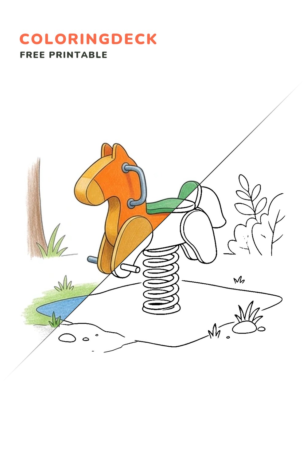 Spring Rider Horse coloring page, free printable: half colored, half outline