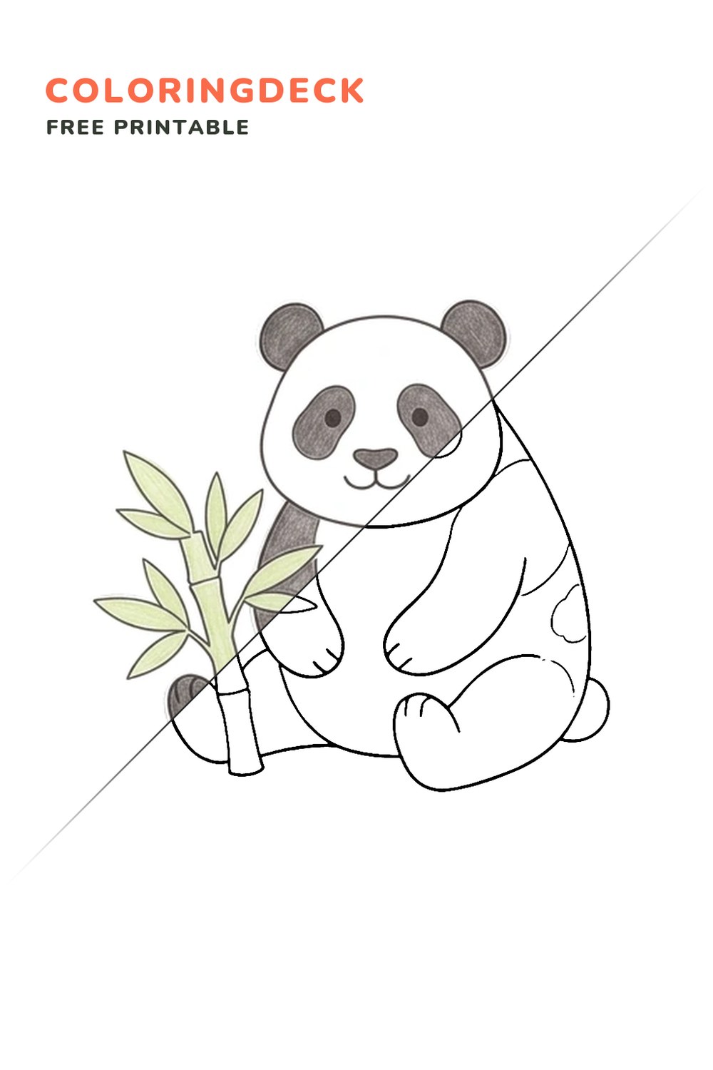 Panda Bamboo Sit coloring page, free printable: half colored, half outline