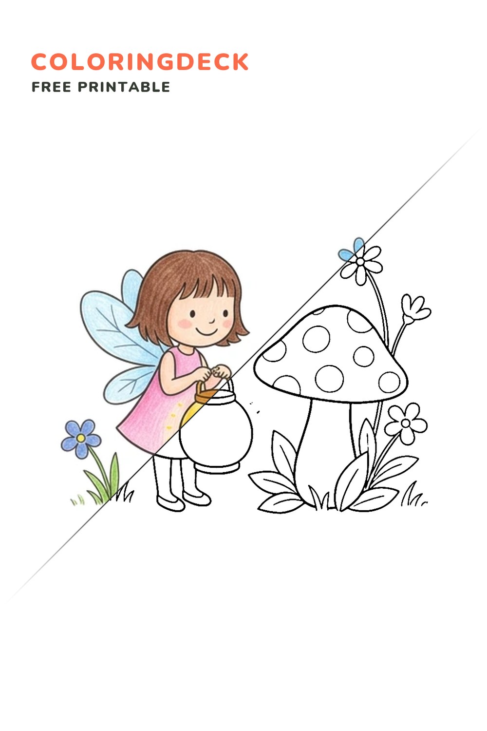 Garden Fairy Lantern coloring page, free printable: half colored, half outline