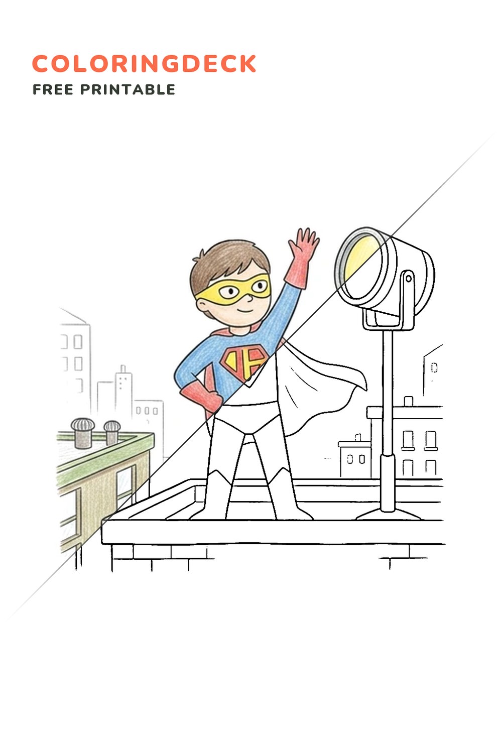 Rooftop Signal Hero coloring page, free printable: half colored, half outline